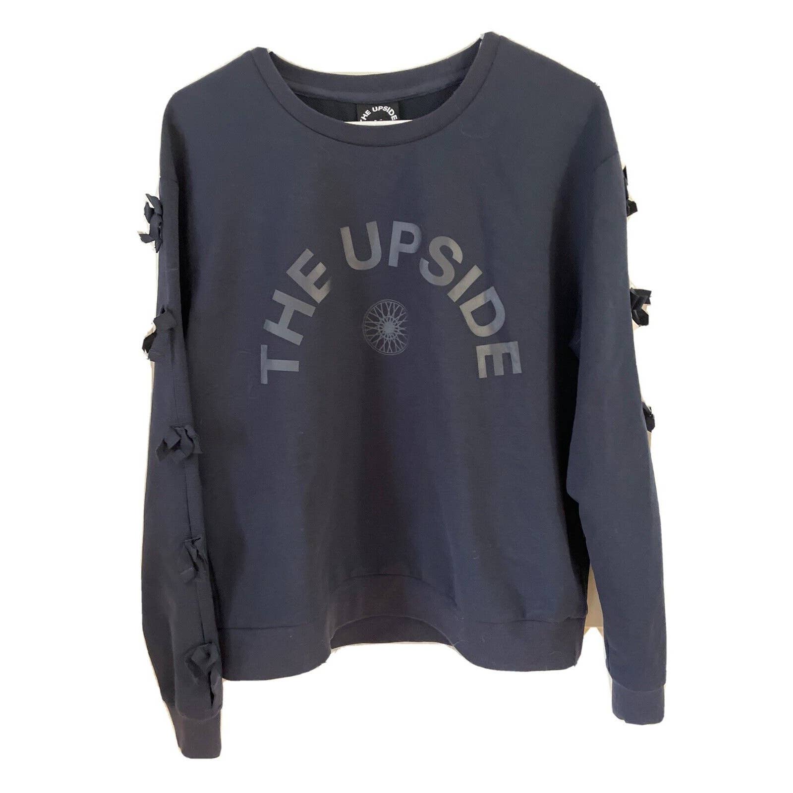 The Upside Knit Top Sz 8 M Long Sleeve Tie Sides Blue Logo Cotton Blend New